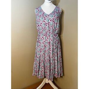 Loft Pink White Green Floral Peacock Feather Sleeveless Tie Waist Deep V Mini L